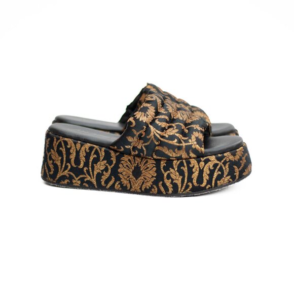 Free People Almost Paradise Brocade Platform Shoes 39 Black Gold Boho Chunky - Picture 4 of 13